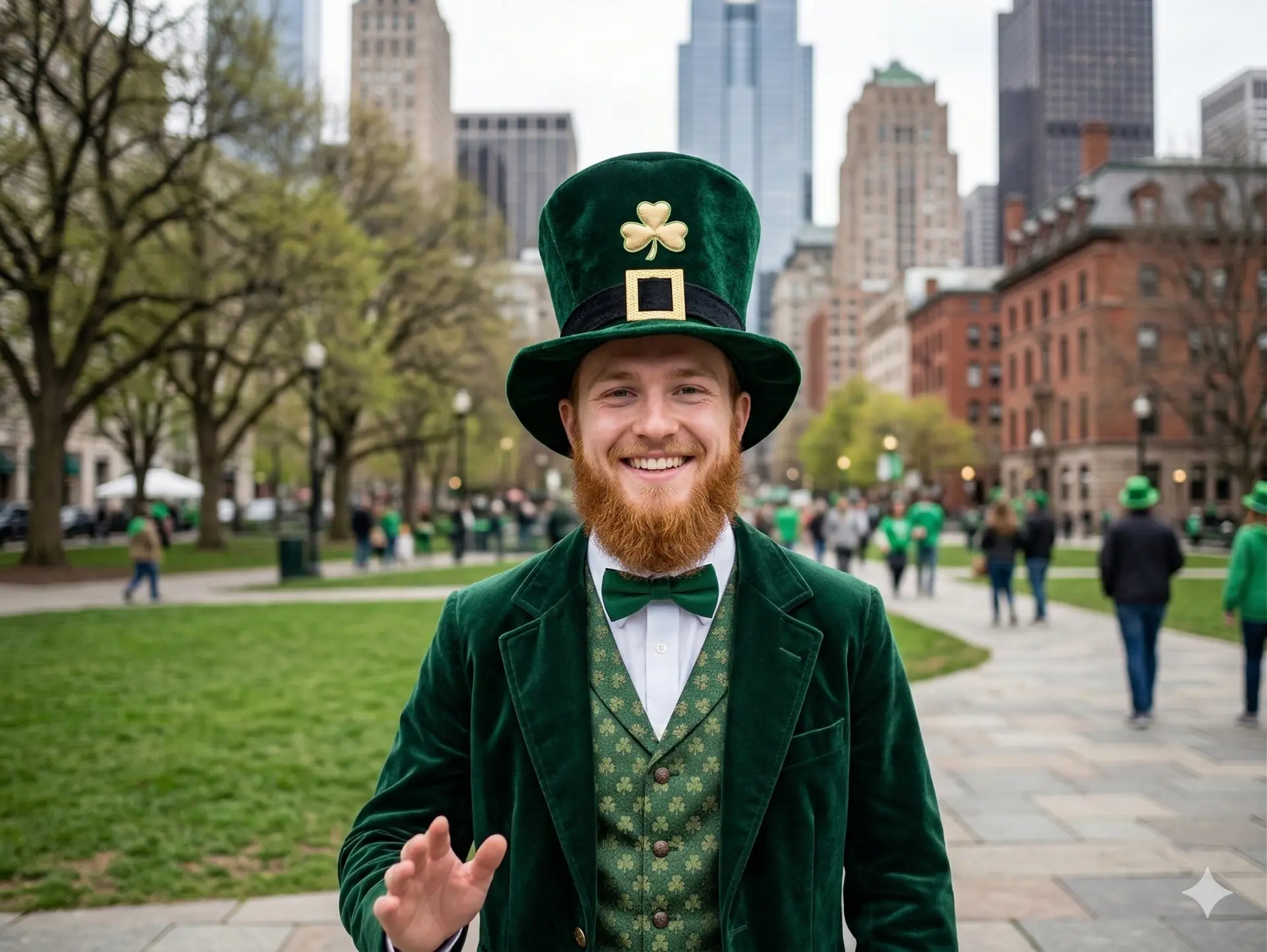 Fantasia de duende irlandês com cartola verde e colete de trevos